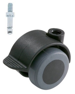 Meubelwiel zwart Zacht + Rem 40 mm Stift M8