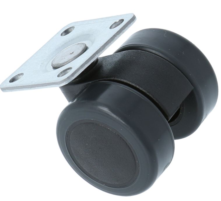 Zwenkwiel voor stoelen met zacht loopvlak met bevestigingsplaat