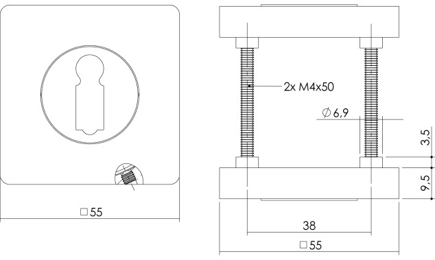 Intersteel sleutelrozetten verdekt 55x55x10mm met nokken chroom/nikkel mat - Afbeelding 2