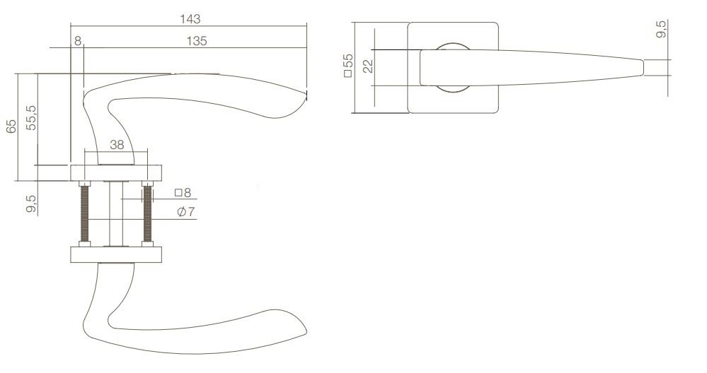 Intersteel Enkele deurklink rechts Zeus Op Vierkant Rozet mat zwart - Afbeelding 2