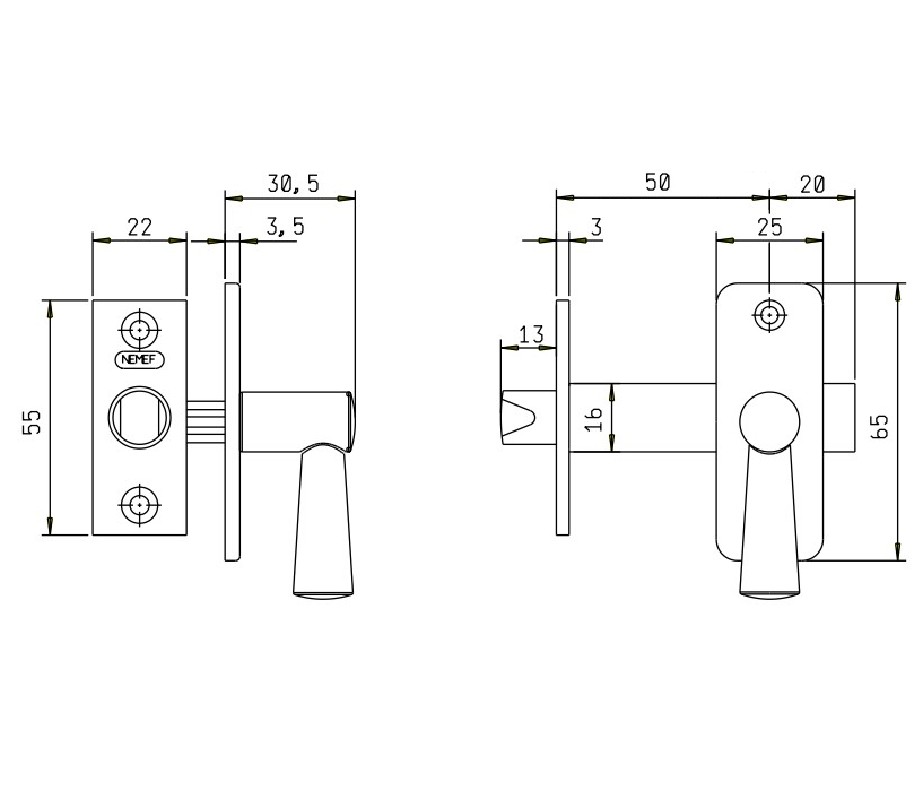 Nemef insteekgrendel 2600/6-50mm messing gepolijst - Afbeelding 2