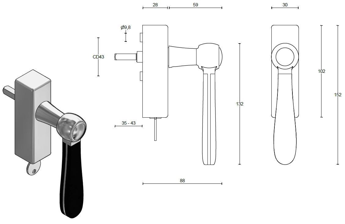 Draaikiepgarnituur BOSCO LZ100-DKLOCK mat rvs/mat zwart - Afbeelding 2