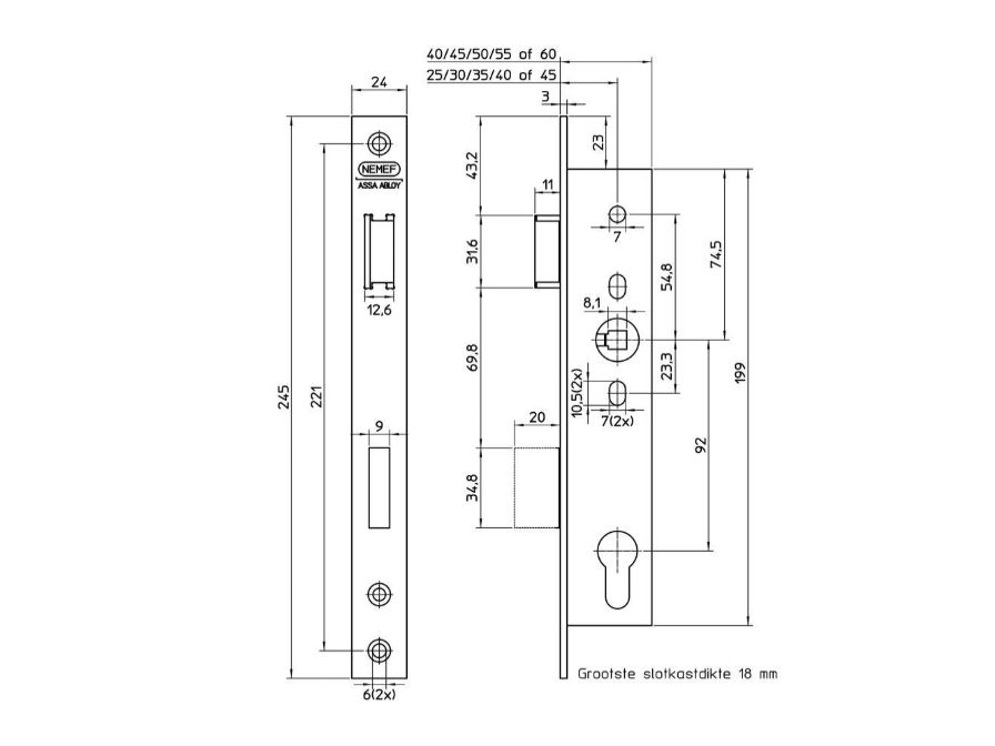 Nemef Smaldeurslot PC92, 9605/07-45 mm Rechthoekige rvs Voorplaat - Afbeelding 2