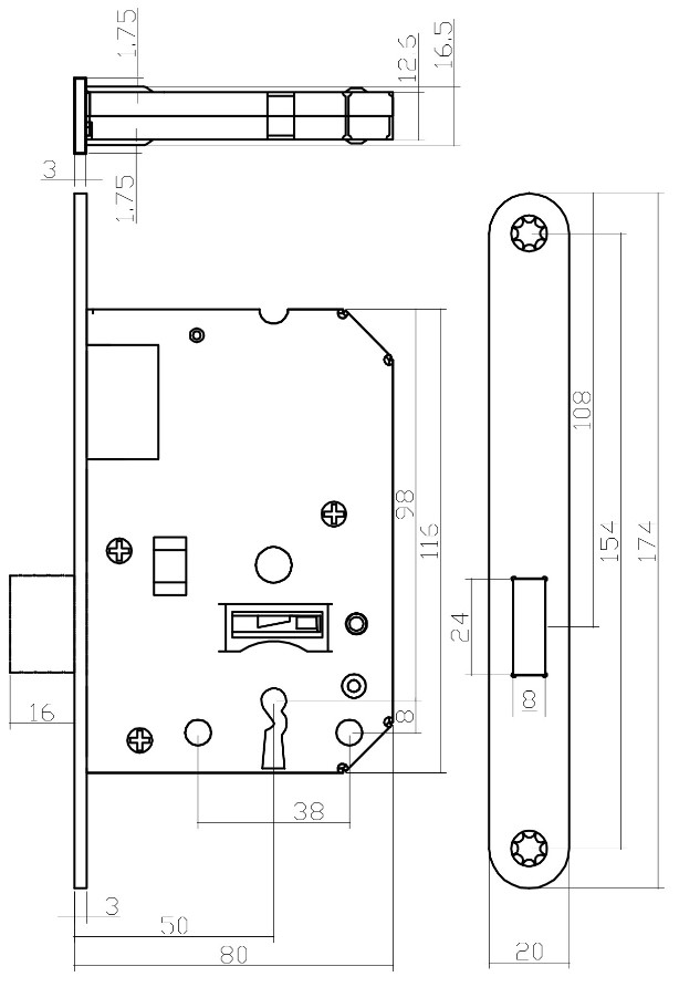 Intersteel Klavier Kastslot Met zwart Gelakte Voorplaat 20X175 mm - Afbeelding 2