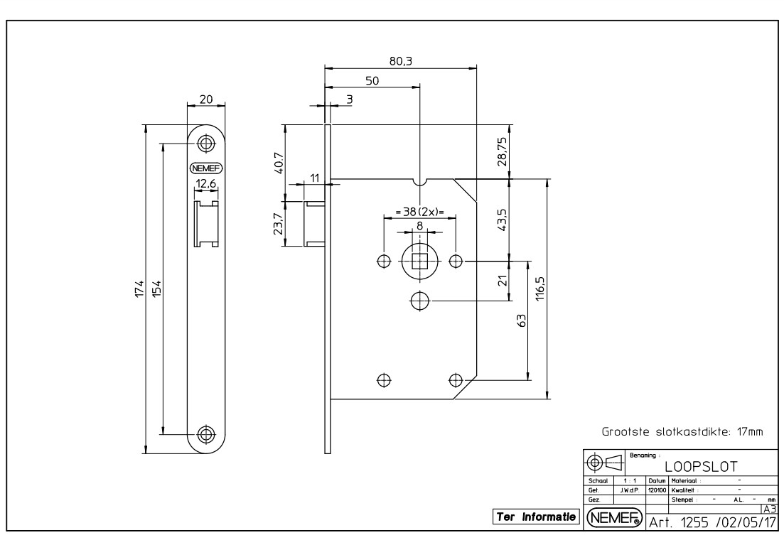 Nemef loopslot 1255/5 met messing voorplaat - Afbeelding 2
