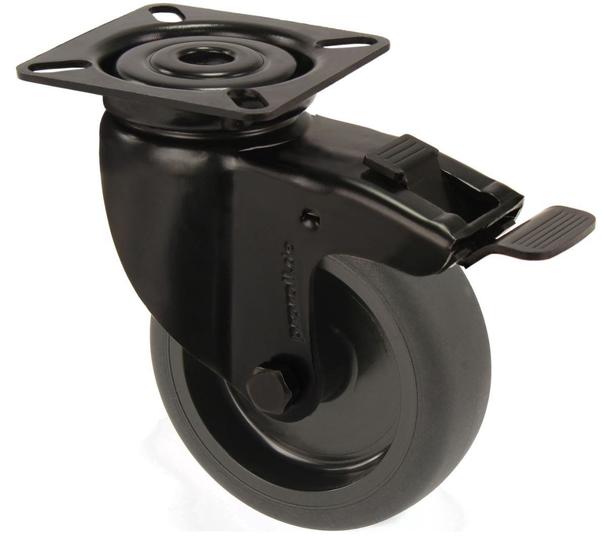 Zwenkwiel Met Rem zwart met bevestigingsplaat 75 mm