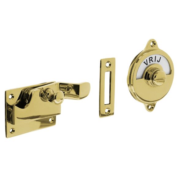 Intersteel wc-overslag met bocht en tekst “VRIJ / BEZET” messing gelakt