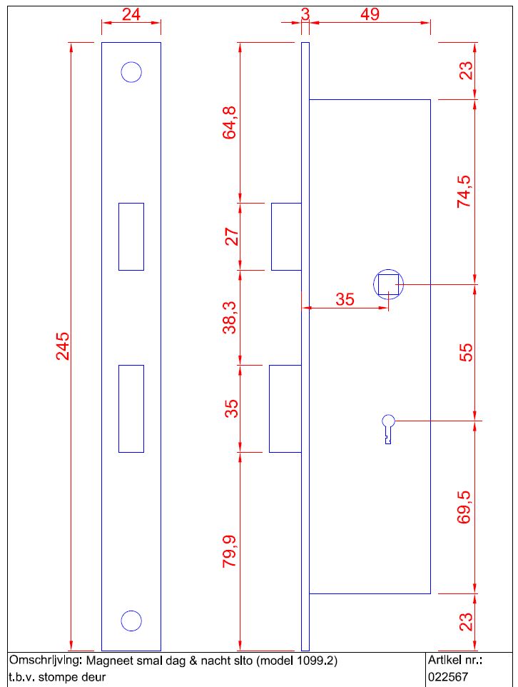 Magneet smal dag- en nachtslot SL56 Met zwarte Rechte Voorplaat - Afbeelding 2
