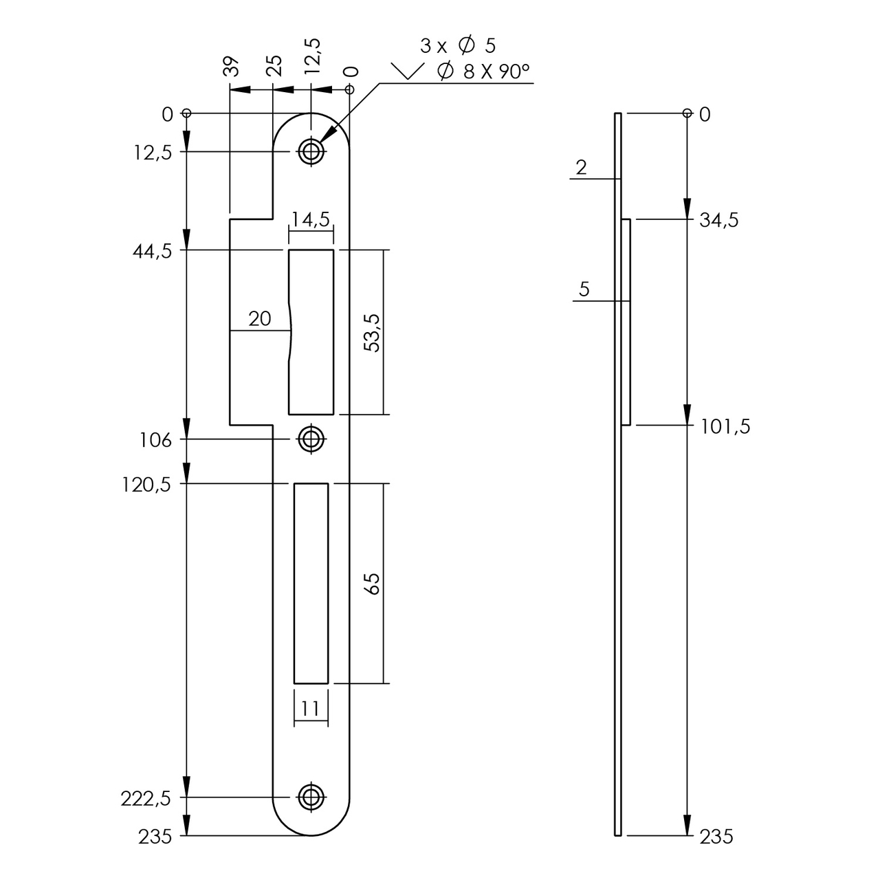 P+E Sluitplaat voor projectsloten met dag- en nachtschoot DIN rechts 235x25mm rvs geborsteld - Afbeelding 2