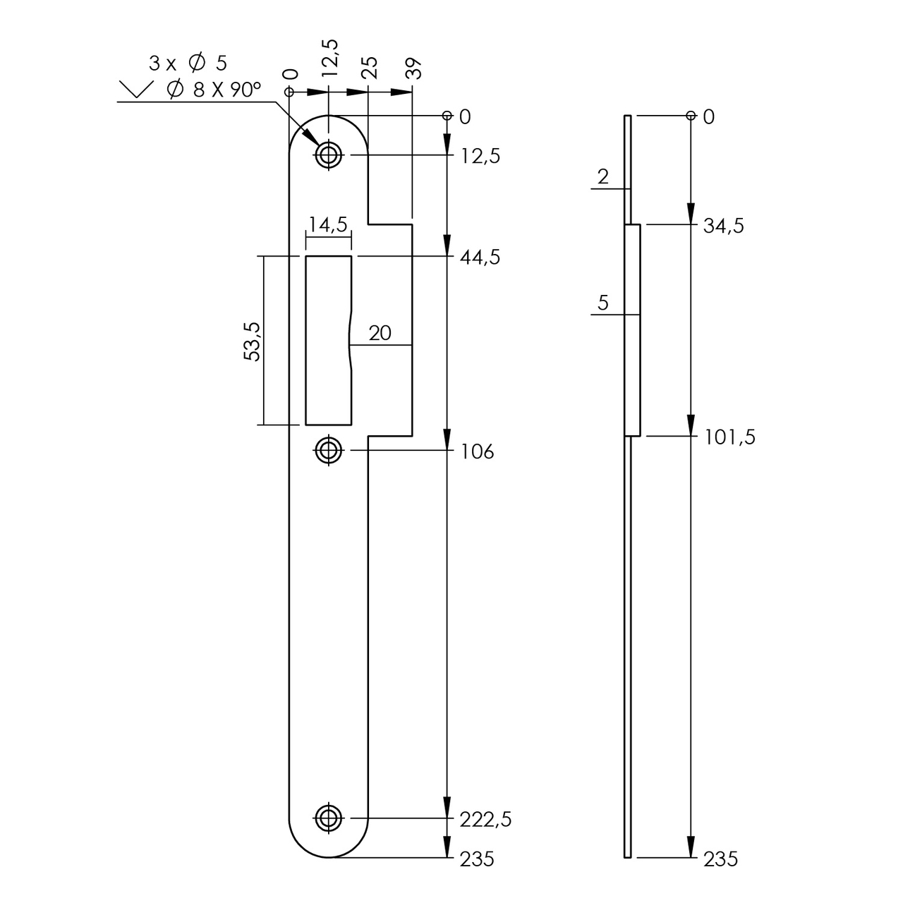 P+E Sluitplaat voor projectsloten met dagschoot DIN links 235x25mm rvs geborsteld - Afbeelding 2