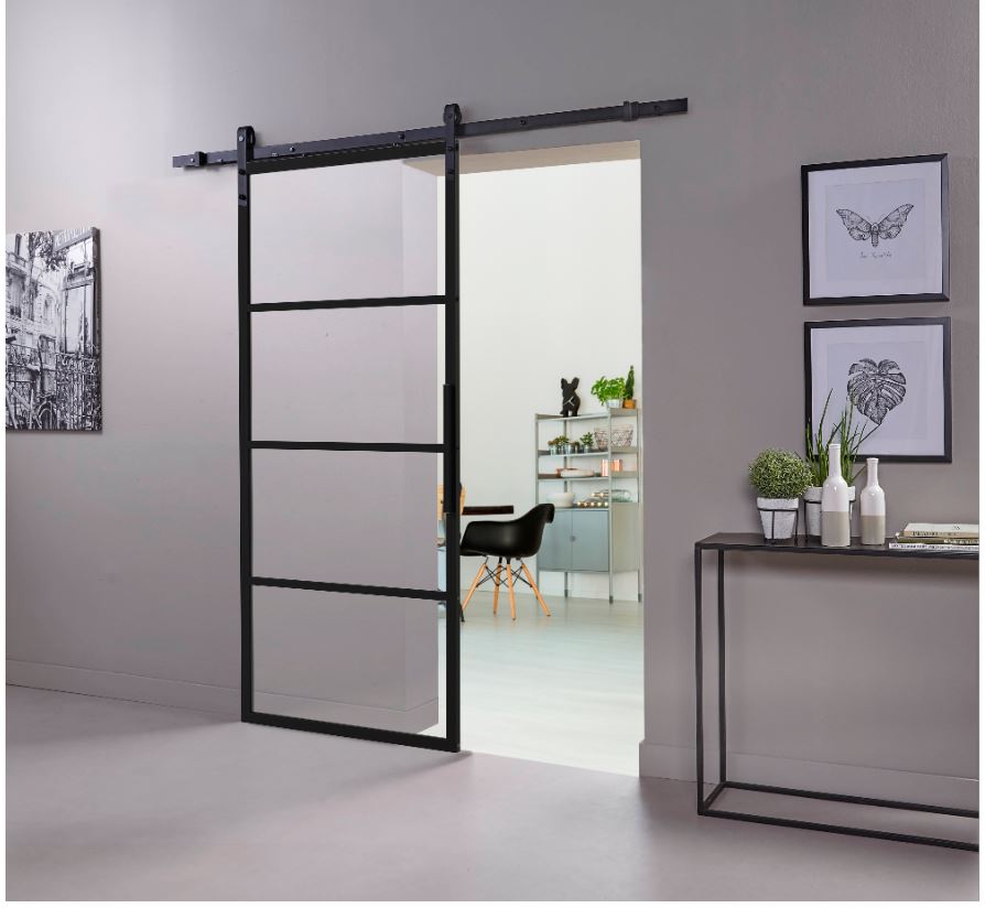 DIY-schuifdeur Cubo zwart incl. transparant glas 2350 mm + zwart ophangsysteem Basic - Afbeelding 4