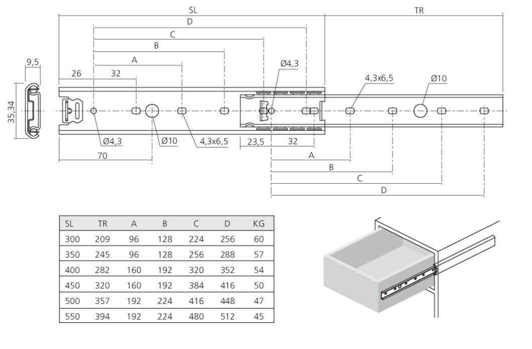 Paar ladegeleiders enkel uittrekbaar rvs 50 cm - Afbeelding 2