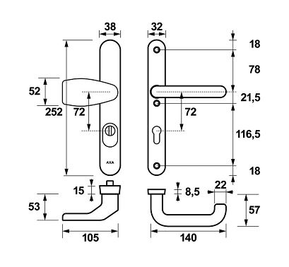 AXA Oval Plus Smal veiligheidsbeslag PC72 SKG3 met kerntrekbeveiliging Wing-greep/kruk - Afbeelding 2