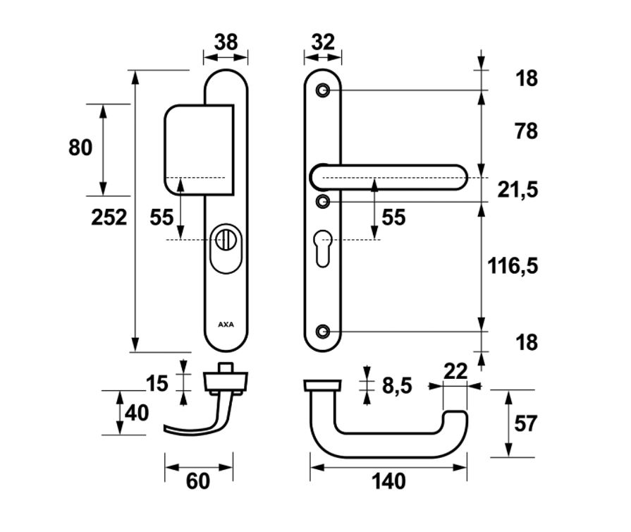 AXA Oval Plus Smal veiligheidsbeslag PC55 SKG3 met kerntrekbeveiliging D-greep/kruk zwart - Afbeelding 2