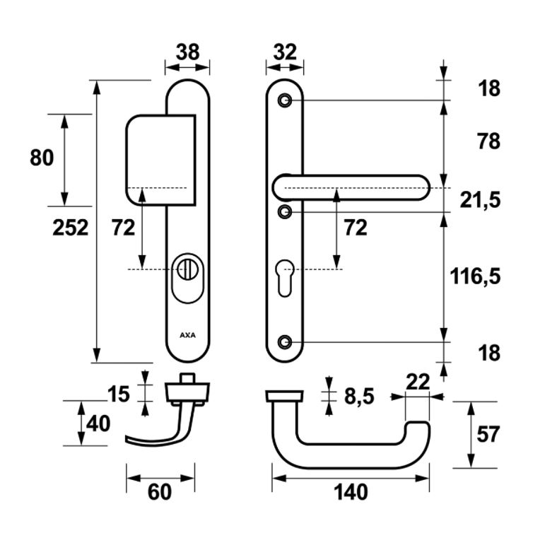 AXA Oval Plus Smal veiligheidsbeslag PC72 SKG3 met kerntrekbeveiliging D-greep/kruk zwart - Afbeelding 2