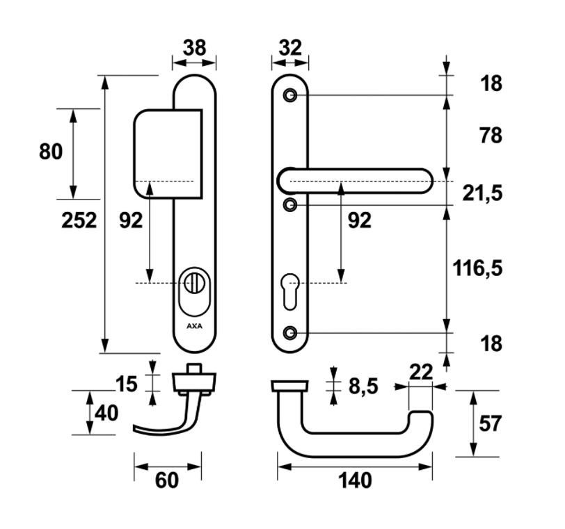 AXA Oval Plus Smal veiligheidsbeslag PC92 SKG3 met kerntrekbeveiliging D-greep/kruk zwart - Afbeelding 2