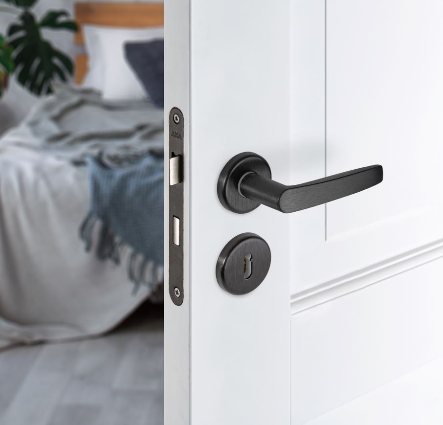 AXA set binnendeurbeslag ronde rozet + dag-nachtslot klavier zwart - Afbeelding 2