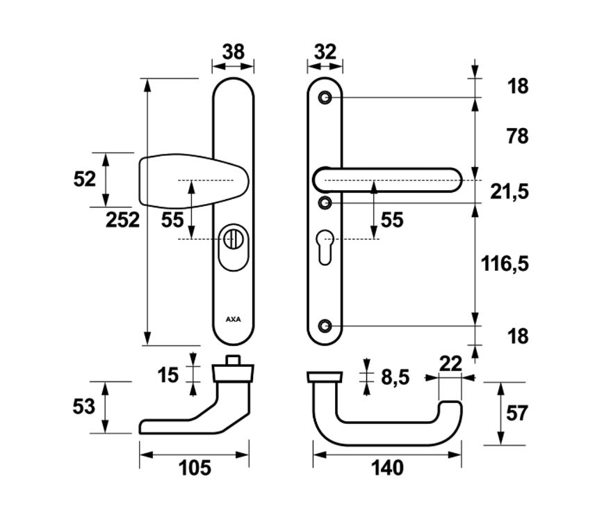 AXA Oval Plus Smal veiligheidsbeslag PC55 SKG3 met kerntrekbeveiliging Wing-greep/kruk zwart - Afbeelding 2