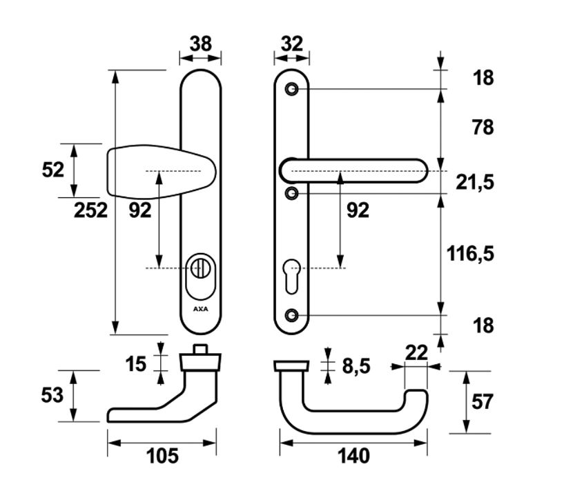 AXA Oval Plus Smal veiligheidsbeslag PC92 SKG3 met kerntrekbeveiliging Wing-greep/kruk zwart - Afbeelding 2