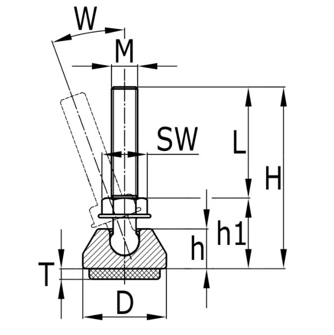 Stelvoet met Kogelgewricht 30mm M8X25 zwart met Vilt - Afbeelding 2