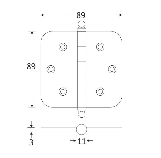 Kogellagerscharnier 89x89 ronde hoek bol messing antiek - Afbeelding 2