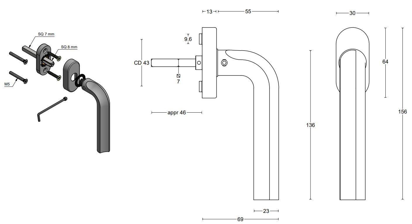 Draaikiepgarnituur ECLIPSE DR100-DK-O Links PVD mat goud - Afbeelding 2