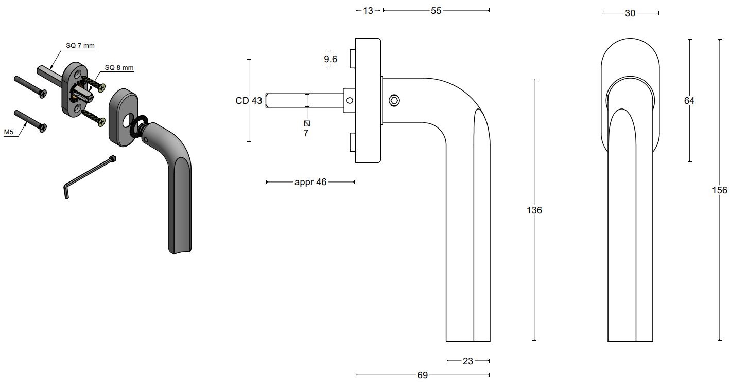 Draaikiepgarnituur ECLIPSE DR101-DK-O Links PVD mat goud - Afbeelding 2