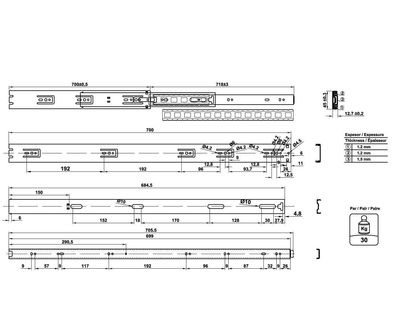 Paar ladegeleiders volledig uittrekbaar 70 cm - Afbeelding 2