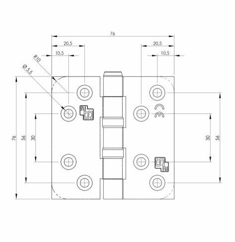 S2 kogellagerscharnier 6512 met ronde hoeken 76x76x2,4 mm - Afbeelding 2