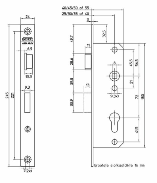 Nemef smaldeurslot PC72 DIN links 8691/14-30 mm rechthoekige verzinkte voorplaat - Afbeelding 2