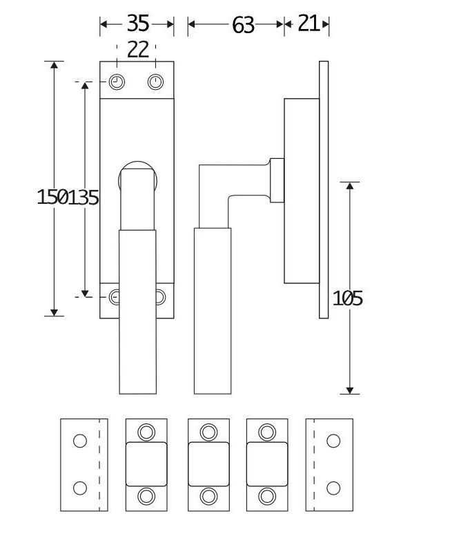 Kruk-espagnolet Bauhaus ebben Links messing Ongelakt Inclusief 2 Stangen - Afbeelding 2