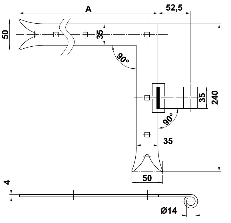 Hoekheng links 40 cm visstaart voor draaipen 14 mm staal zwart - Afbeelding 2