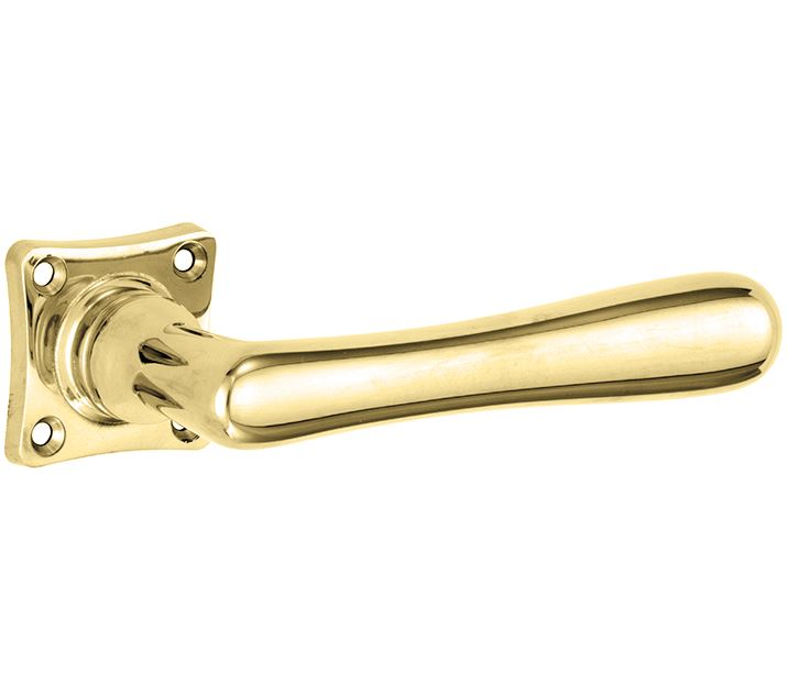 Deurklink op geveerd vierkant rozet Linea messing gelakt