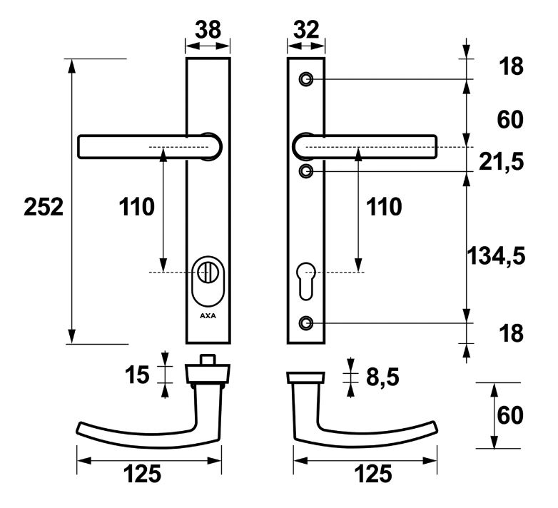 AXA Edge Plus Smal veiligheidsbeslag PC110 met kerntrekbeveiliging kruk/kruk Aluminium F1 - Afbeelding 2