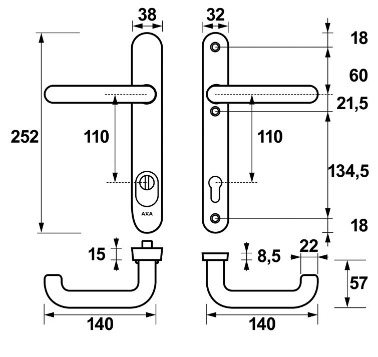 AXA Oval Plus Smal veiligheidsbeslag PC110 met kerntrekbeveiliging kruk/kruk geslepen F1 - Afbeelding 2