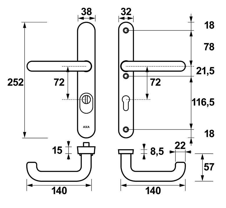 AXA Oval Plus Smal veiligheidsbeslag PC72 SKG3 met kerntrekbeveiliging kruk/kruk geslepen F1 - Afbeelding 2