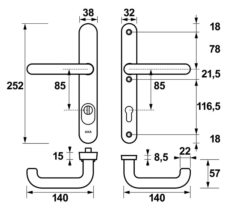 AXA Oval Plus Smal veiligheidsbeslag PC85 SKG3 met kerntrekbeveiliging kruk/kruk geslepen F1 - Afbeelding 2