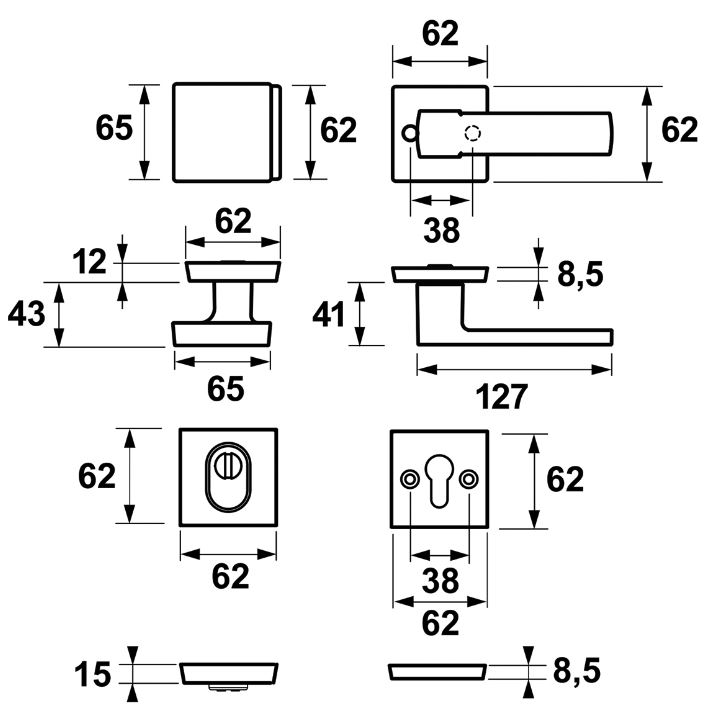 AXA set veiligheidsbeslag op vierkante rozet met kerntrekbeveiliging knop/kruk SKG3 aluminium zwart - Afbeelding 2
