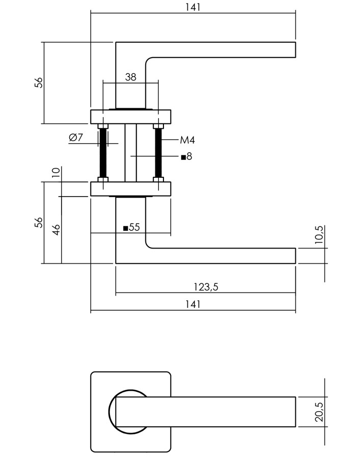 Intersteel enkele deurklink rechts Hera op vierkante rozet met nokken 55x55x10mm PVD messingkleur - Afbeelding 2