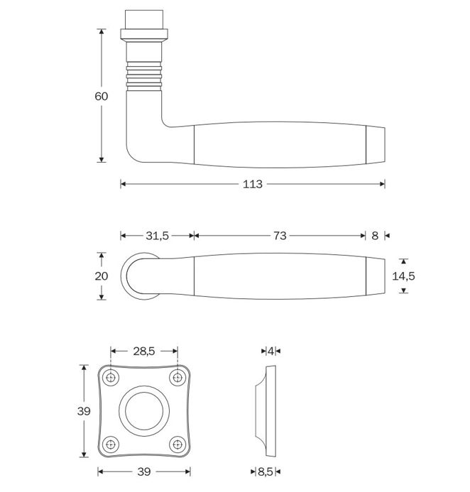 Deurklink op ongeveerd vierkant rozet Ton Model mat nikkel ongelakt - Afbeelding 2