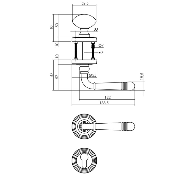 Intersteel wisselgarnituur rechts Helena op rond rozet met ril + pc-plaatjes oud grijs - Afbeelding 2