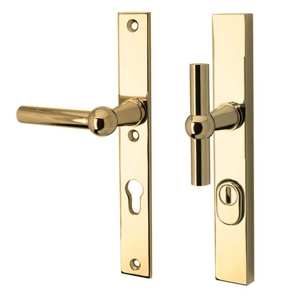 SKG3 PC55 knop/kruk op smalschild Chemin de fer Links + kerntrekbeveiliging messing ongelakt