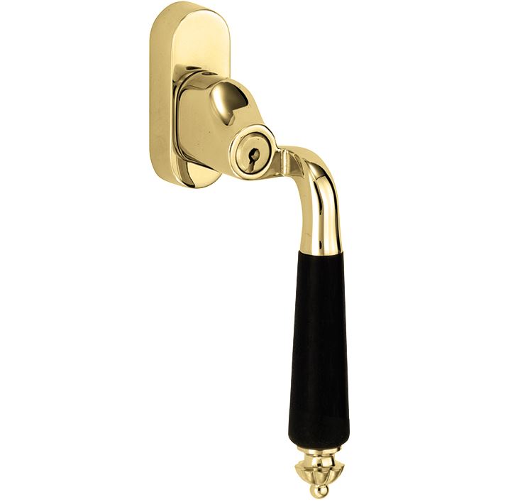 SKG2 Draaikiepgarnituur afsluitbaar Nouveau ebben/Smal Rechts messing gelakt