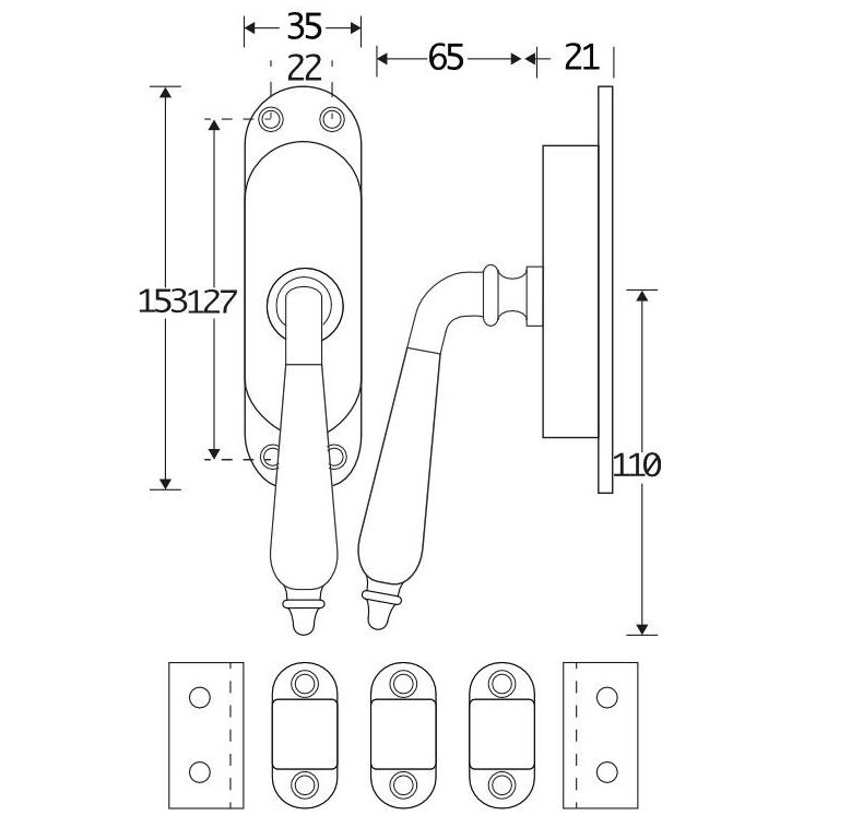 Kruk-espagnolet Antique ebben Links glans nikkel Inclusief 2 Stangen - Afbeelding 2