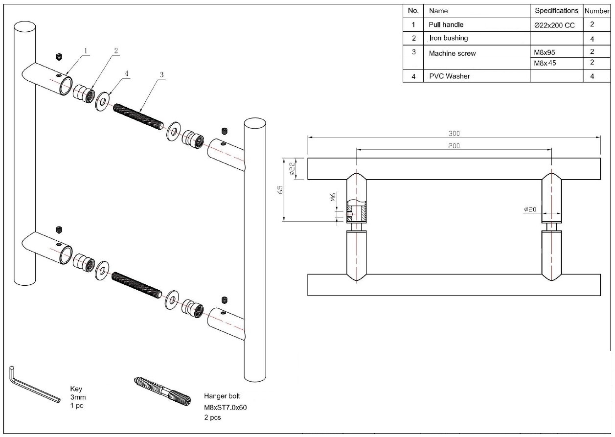 Deurgreep Rond HoH 200mm rvs/zwart - Afbeelding 2