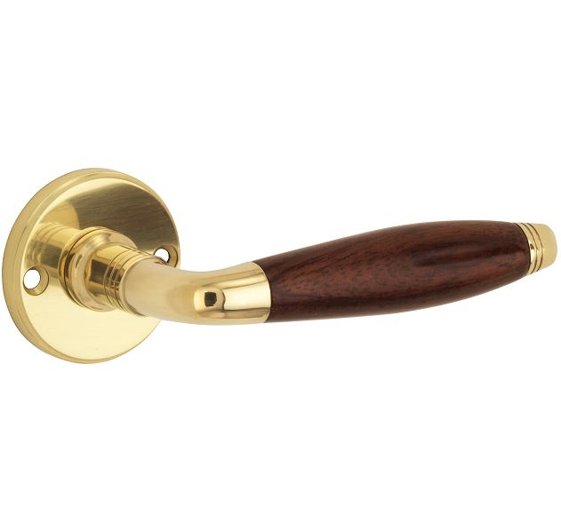 Deurklink op ongeveerd rozet Bonton bubinga/facet messing ongelakt