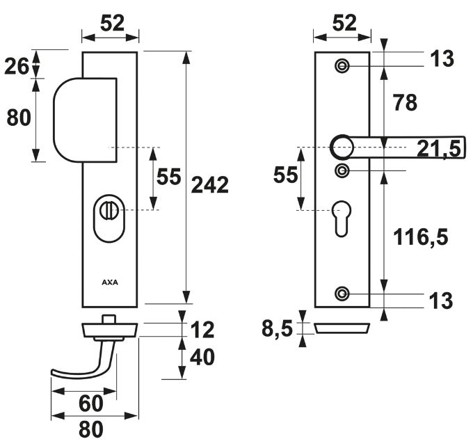 AXA Basic veiligheidsbeslag PC55 SKG3 met kerntrekbeveiliging D-greep/kruk - Afbeelding 2