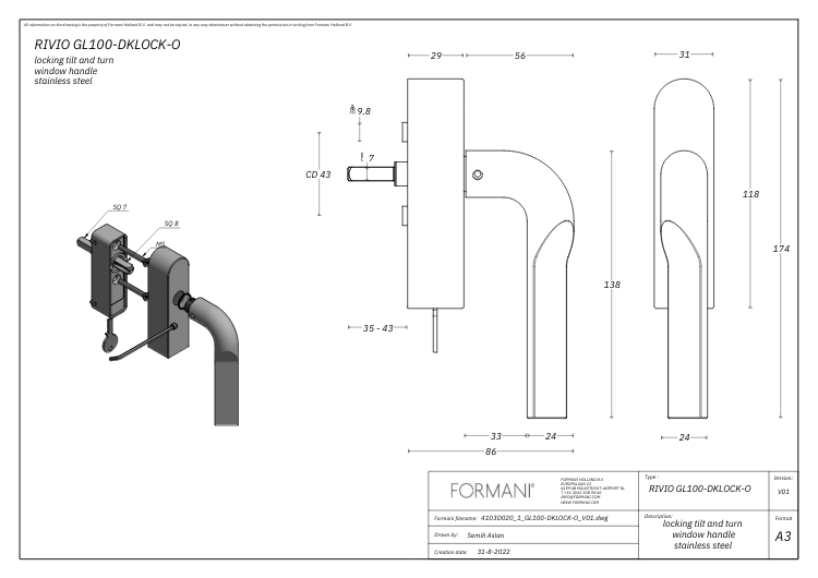 Draaikiepgarnituur RIVIO by Gensler GL100-DKLOCK-O rechts mat rvs - Afbeelding 2