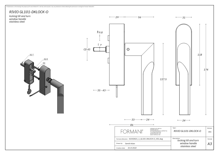 Draaikiepgarnituur RIVIO by Gensler GL101-DKLOCK-O links brons - Afbeelding 2