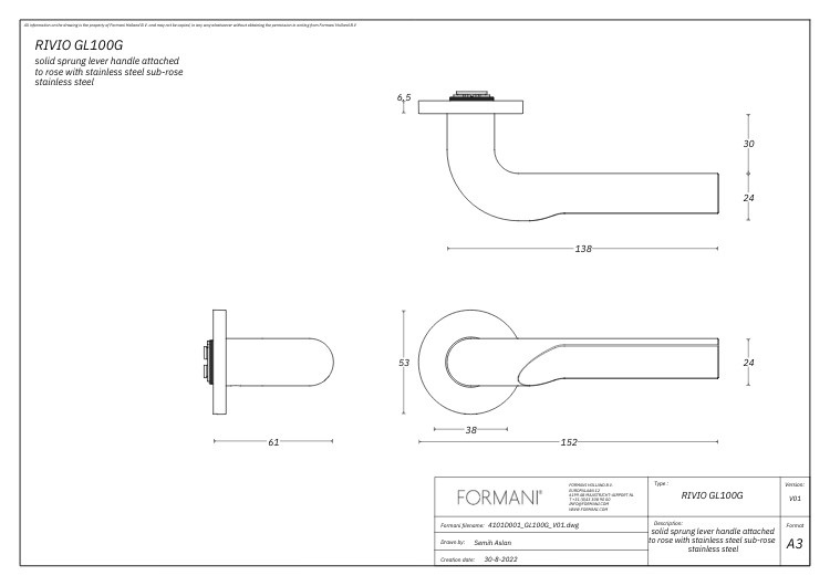 Enkele deurklink RIVIO by Gensler GL100-G op rozet links brons - Afbeelding 2